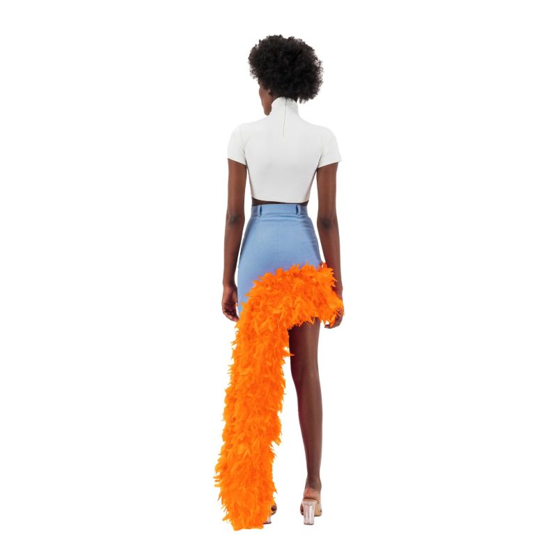 Denim Asymmetrical Orange Feather Trim Skirt image