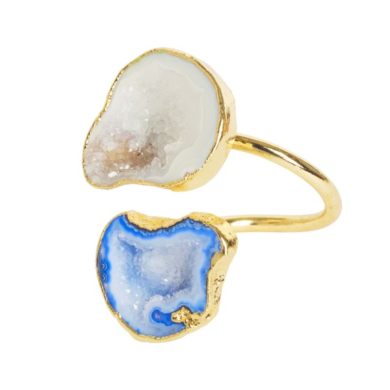 Denim Blue Natural White Duo Gold Adjustable Crystal Statement Ring image