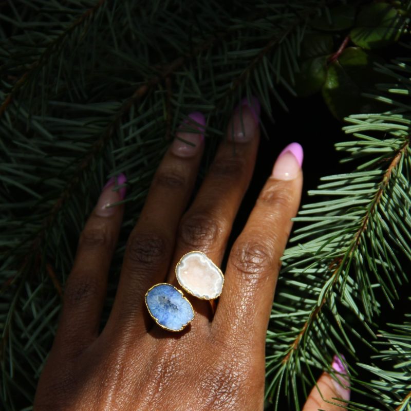 Denim Blue Natural White Duo Gold Adjustable Crystal Statement Ring image