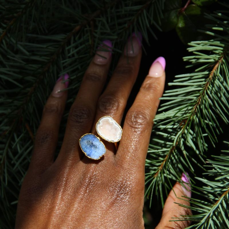 Denim Blue Natural White Duo Gold Adjustable Crystal Statement Ring image