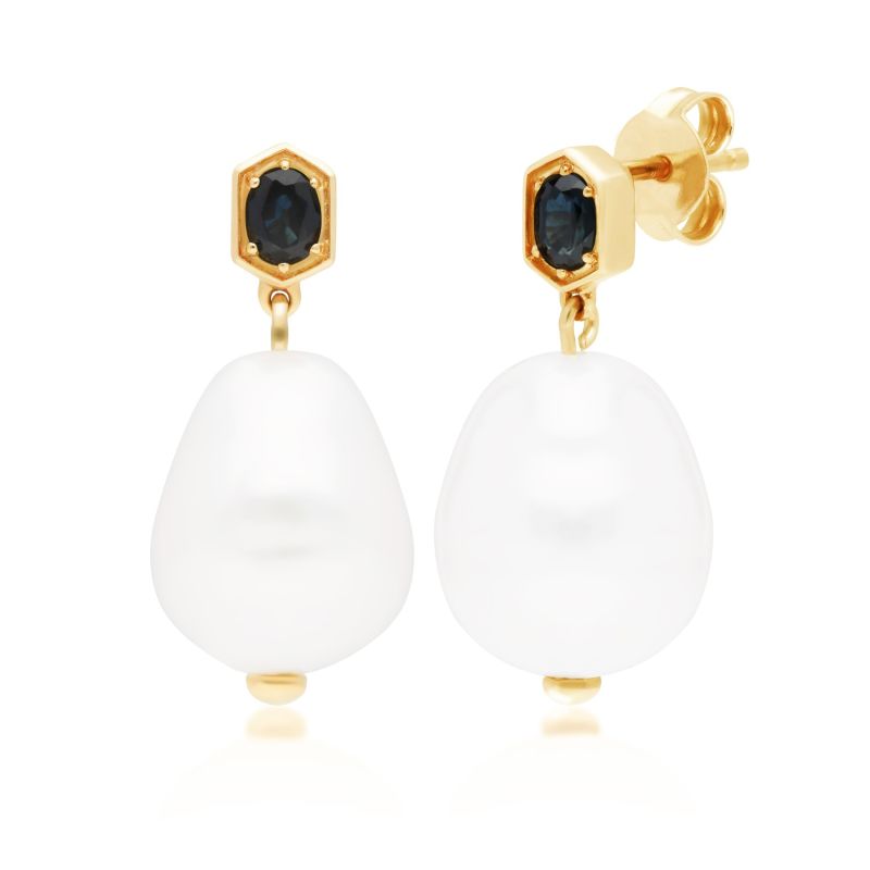 Baroque Pearl & Sapphire Earrings In Yellow Gold Plated Silver image