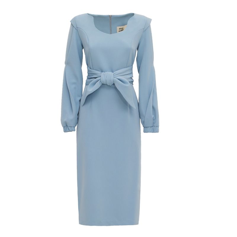 Designer Fitted Midi Dress With Belt Light Blue | Julia Allert | Wolf ...