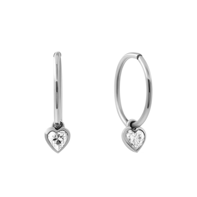 Diamond Heart Clicker Hoop Earrings - Silver image