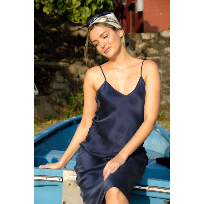 V Silk Slip Dress Mid Length Twilight Navy Blue image