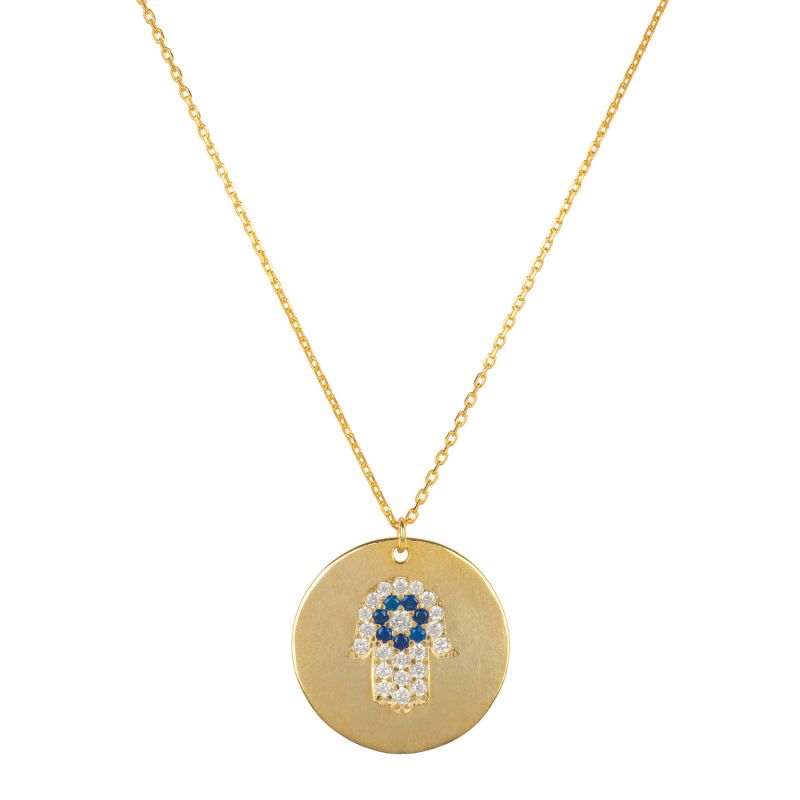 Hamsa Polished Disc Pendant Necklace Gold image