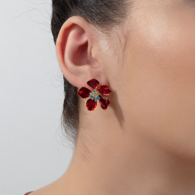 Red Cherry Blossom Flower Earrings image