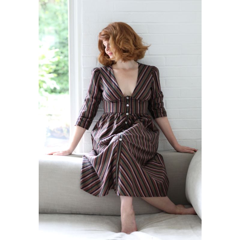 Antonia Dress In Plum Woven Stripe Cotton With Shell Buttons And Patch Pockets image