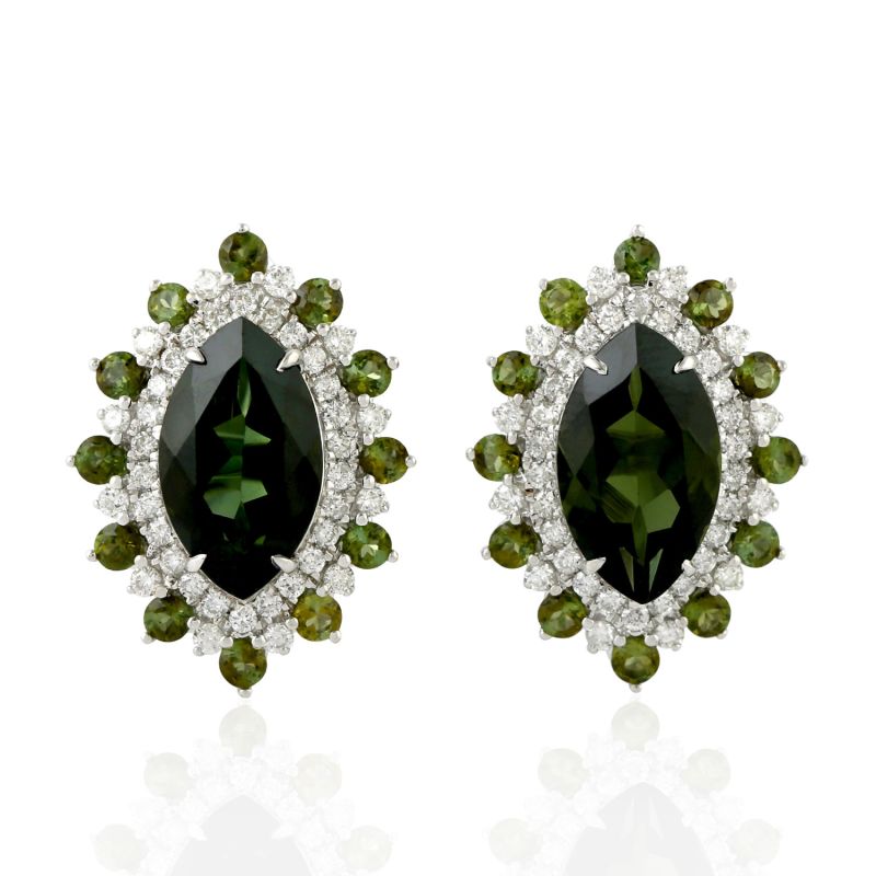 18K White Gold With Marquise Shape Green Tourmaline & Diamond Stylish Stud Earrings image