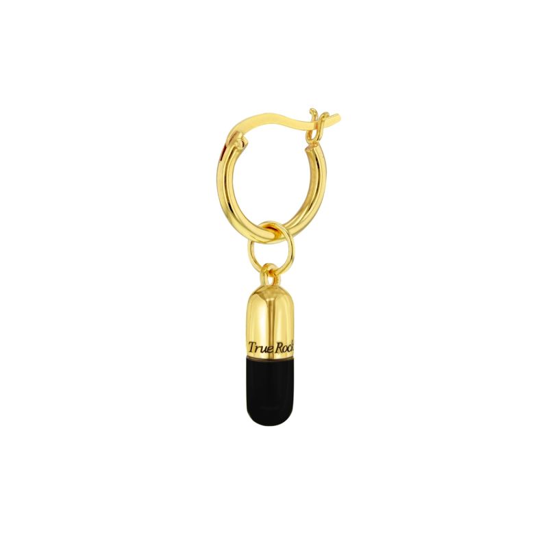 Black Enamel & 18Kt Gold Plated Mini Pill Charm On Gold Hoop image