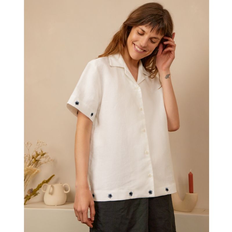 Dotted Flowers Oversized Embroidered Irish Linen Cuban Shirt Women image