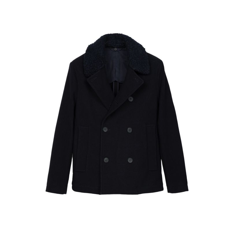 Double Breasted Shearling Peacoat - Navy image