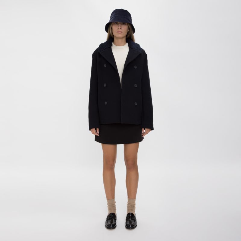 Double Breasted Shearling Peacoat - Navy image