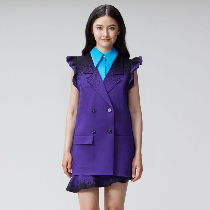 Eco Double-Breasted Sleeveless Knit Blazer With Detachable Ruffles Sleeves - Purple image