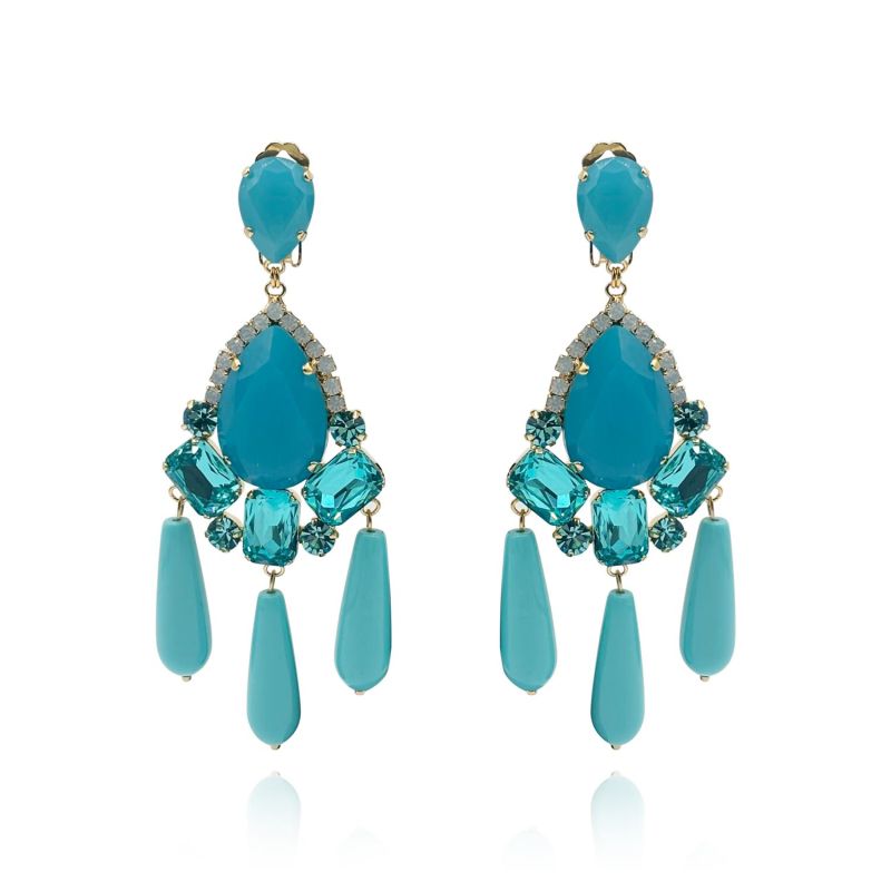 Dramatic Aqua & Turquoise European Glass Clip-On Drop Earrings image