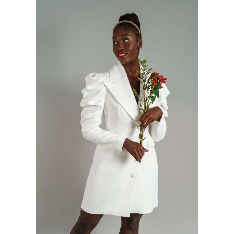 Draped Sleeved Tailored Blazer Dress - White image