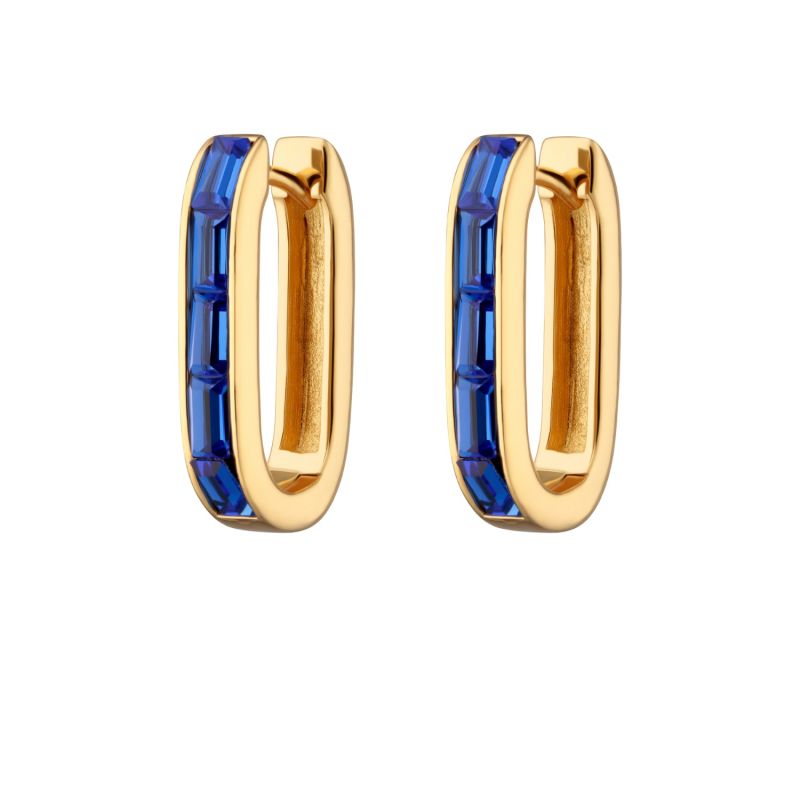 Gold Oval Baguette Hoop Earrings With Blue Stones image