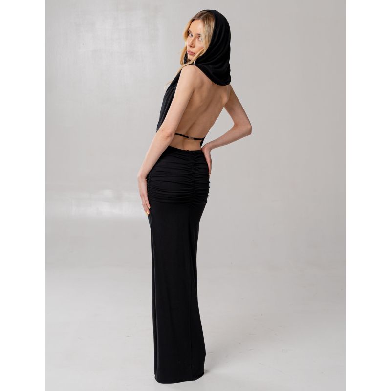 Martini Open Back Hooded Long Black Dress image