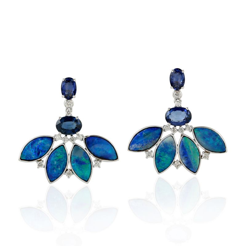 Solid White Gold Leaf Shape Stud Earrings Diamond Opal Doublet Blue Sapphire Women Jewelry image