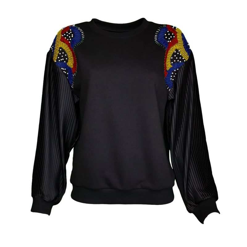 Pleated Sleeve Black Sweatshirt With Embroidered Shoulders image