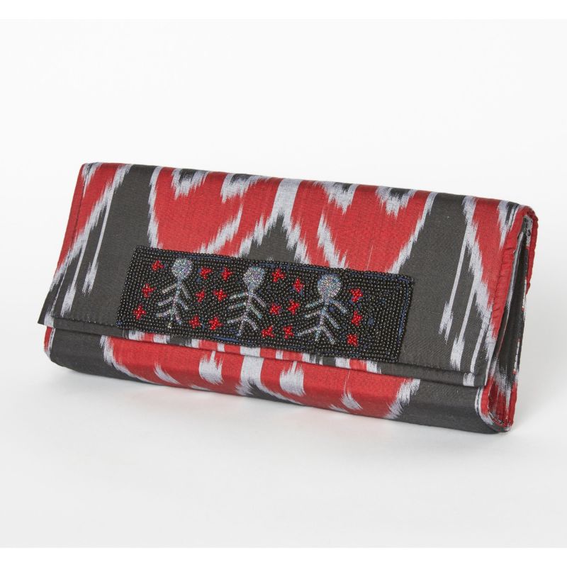 Du Monde Collection - Athens Silk Ikat Clutch  - Black, Red, Silver image