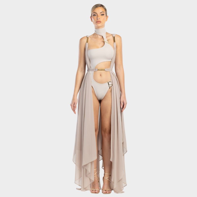 Dulcesa Cut-Out One-Piece Swimwear With Golden Details In Beige image