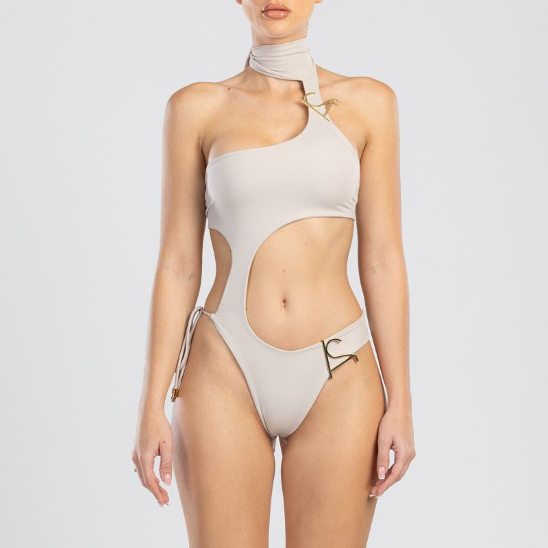 Dulcesa Cut-Out One-Piece Swimwear With Golden Details In Beige image