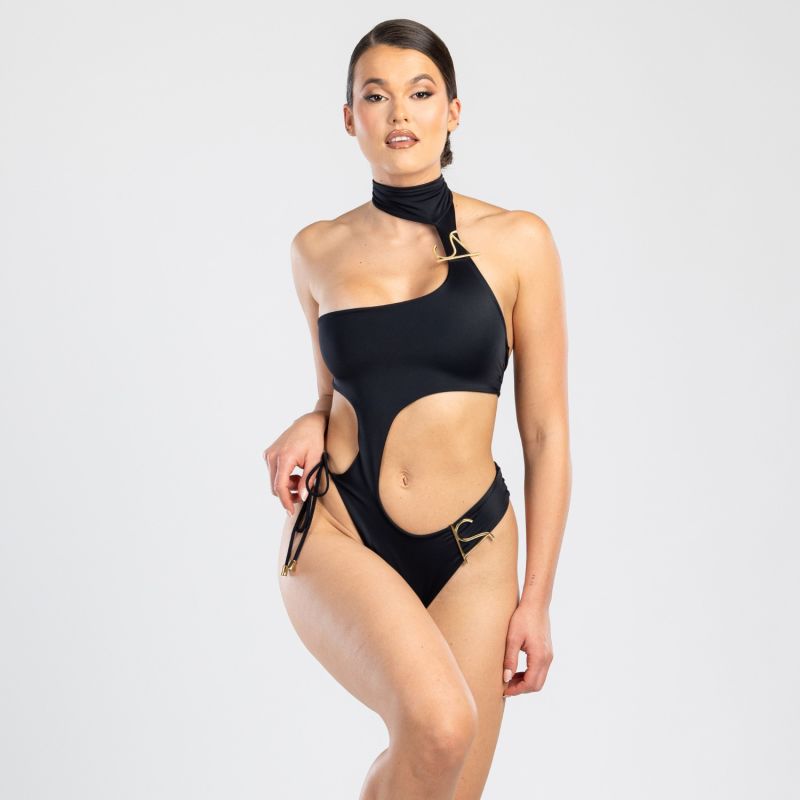 Dulcesa Cut-Out One-Piece Swimwear With Golden Details In Black image