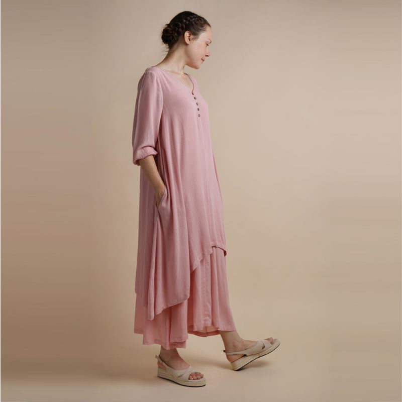 Dusky Pink Layered Dress Chelsea Loose Fitting Dress With Front Button Detail One Size image