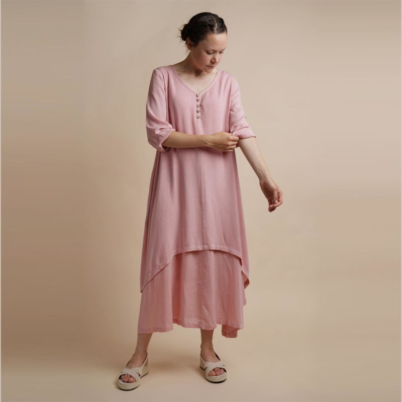 Dusky Pink Layered Dress Chelsea Loose Fitting Dress With Front Button Detail One Size image