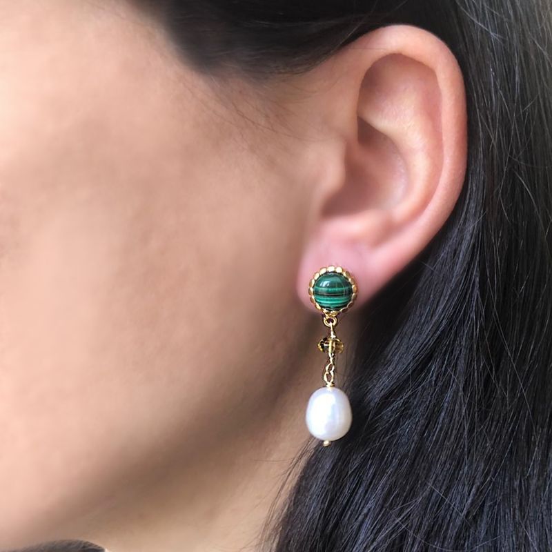 Malachite, Citrine & Pearl Drop Earrings image