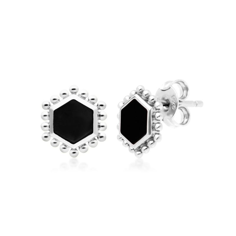 Black Onyx Flat Slice Hex Stud Earrings - Black image