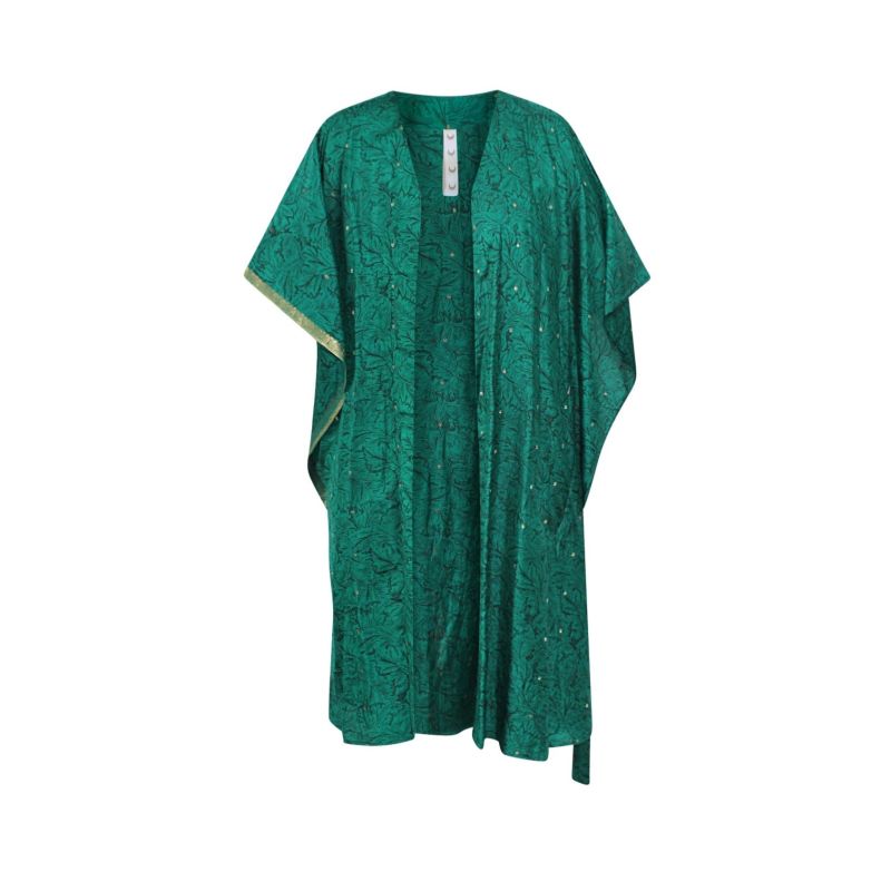 Neem - Emerald Green Vintage Silk Sari Kimono Style Wrap Dress image