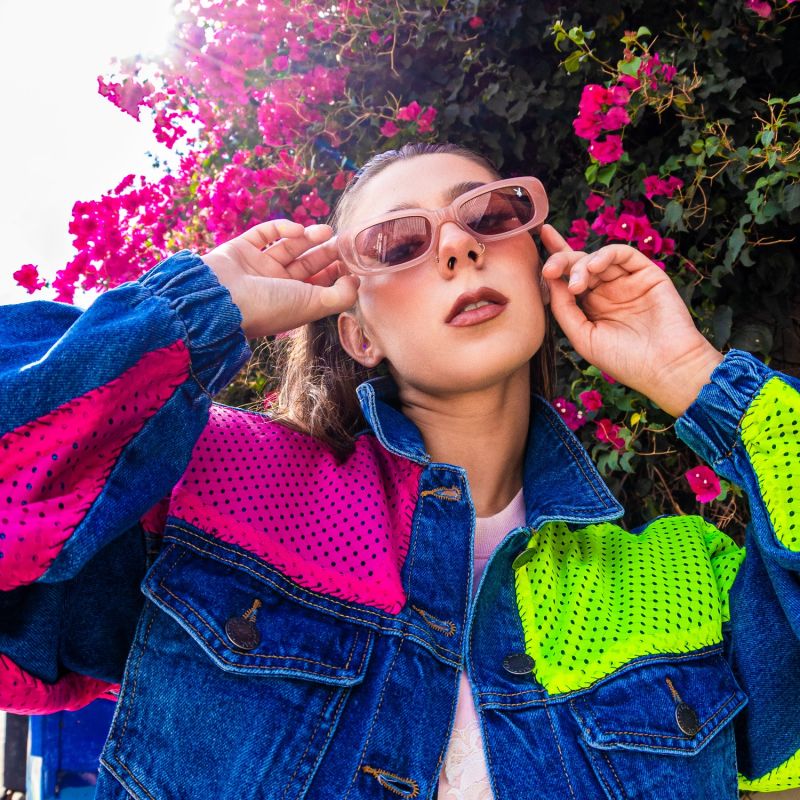 Navy Denim Jacket With Neon Pink & Yellow Nike Mesh image