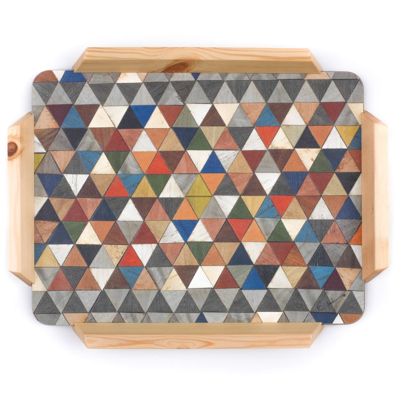 Tray In Mosaic Harlequin Design With Solid Wooden Handles. Melamine Surface. Made Individually In The Cotswolds. image