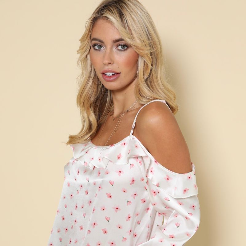 Lumi - White & Pink Printed Organic Silk Blouse With Cold Shoulders image