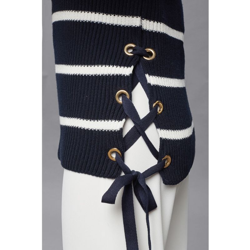 Monaco Striped Cotton Sweater With Metal Eyelets In Midnight Blue image