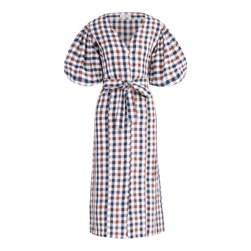 Meghan Gingham Linen Midi Dress - Brown image