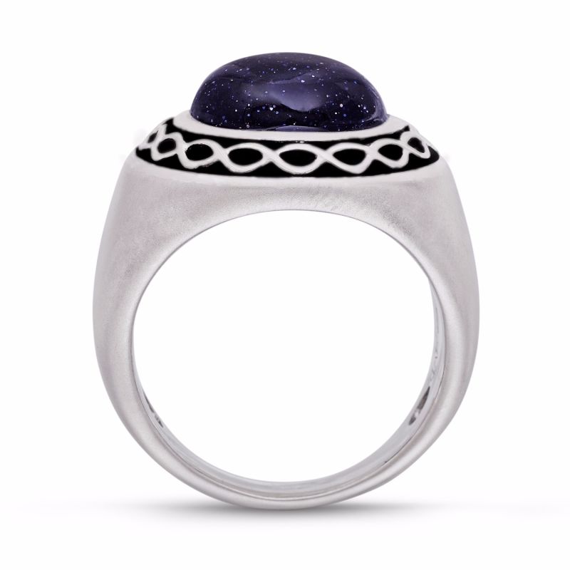 Blue Sand Stone Flat Back Cabochon Signet Ring In Black Rhodium Plated Sterling Silver image