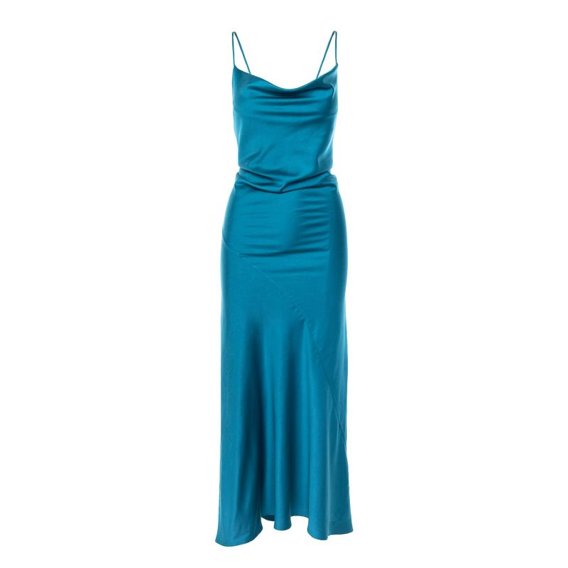 Tulum Cowl Neck Satin Ankle Dress In Turquoise image