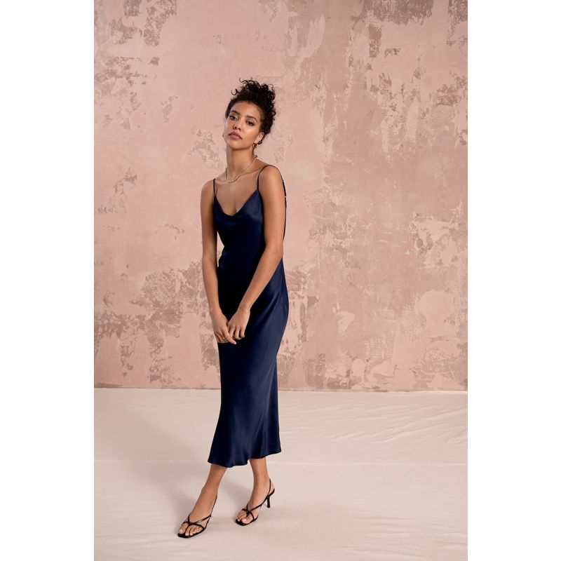 Lily Satin Slip Dress In Midnight Blue image