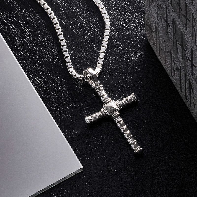 Runes-Engraved Cross Meteorite Sterling Silver Necklace image