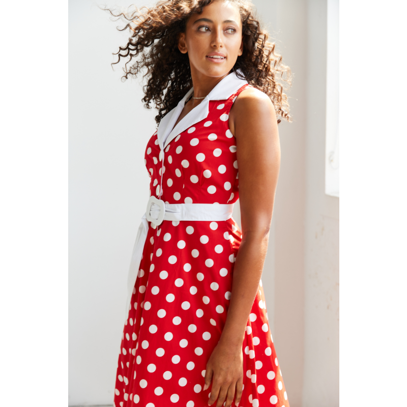 Adelaide Alluring Midi Dress In Red & White Polka Dots Deer You