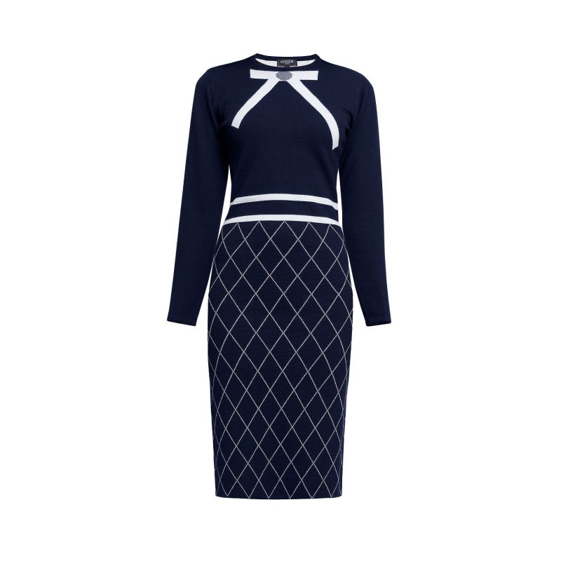 Chloe Bow Jacquard Knitted Dress In Midnight Blue image