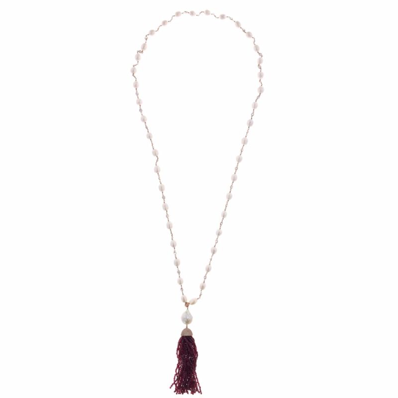 Pearl and Red Jade Tassel Necklace in Rose Gold image