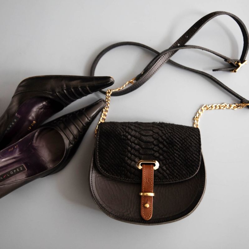 Mini Victoria Alligator Print Full Grain Black Leather Crossbody Saddle Bag With Gold Chain image