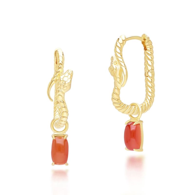 Ecfew Carnelian Snake Dangle Hoop Earrings In Gold Plated Sterling Silver image