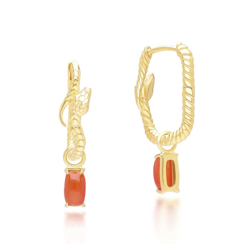 Ecfew Carnelian Snake Dangle Hoop Earrings In Gold Plated Sterling Silver image