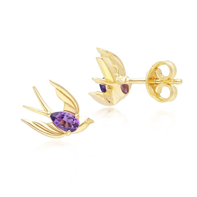 Ecfew Creator Amethyst Hummingbird Stud Earrings In Gold Plated Sterling Silver image