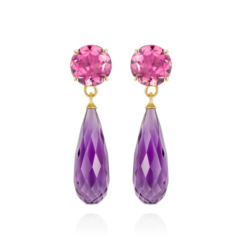 Purple Amethyst & Pink Tourmaline Gold Drop Earrings image