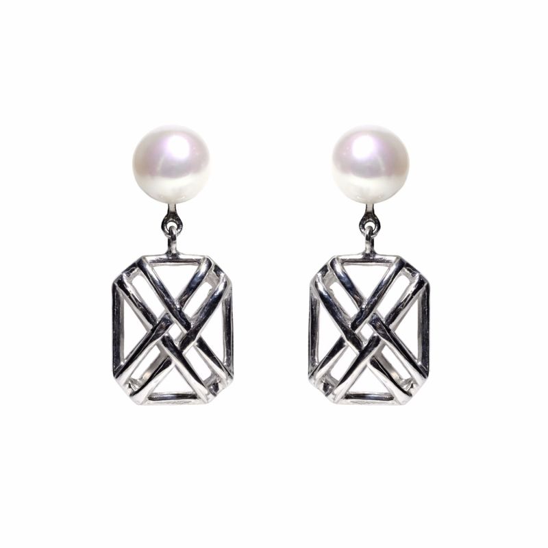 Small Signature X Down With Pearl Earrings White Gold image